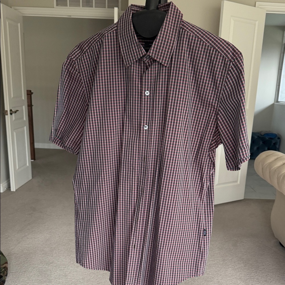 Men's Short-Sleeve Check Button-Up Shirt - Burgundy/Black BOSS